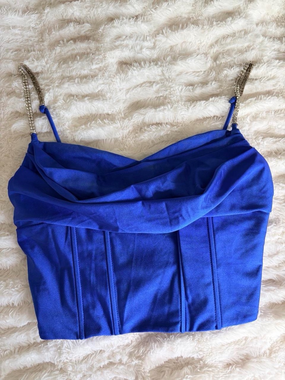 Blue corset top with rhinestone straps